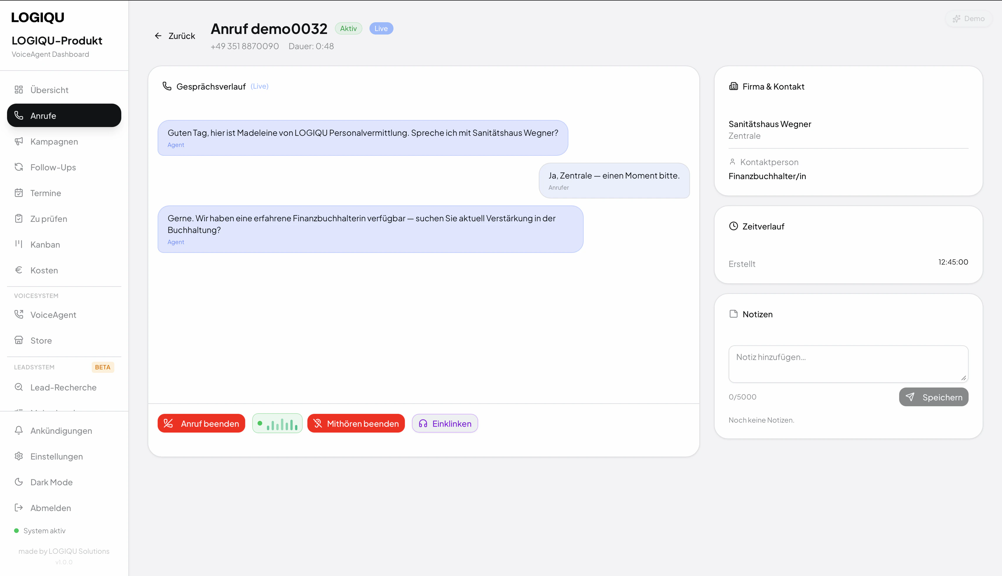 Live-Call & Übernahme im Dashboard